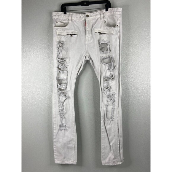 Square Zero Men 38/32 White Jeans Distressed Zipper Urban Wear - Picture 1 of 13
